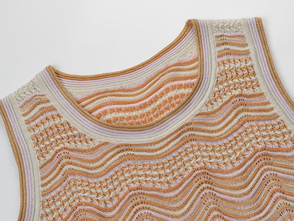 Beige Pointelle Knit Fitted Column Two-Piece Set
