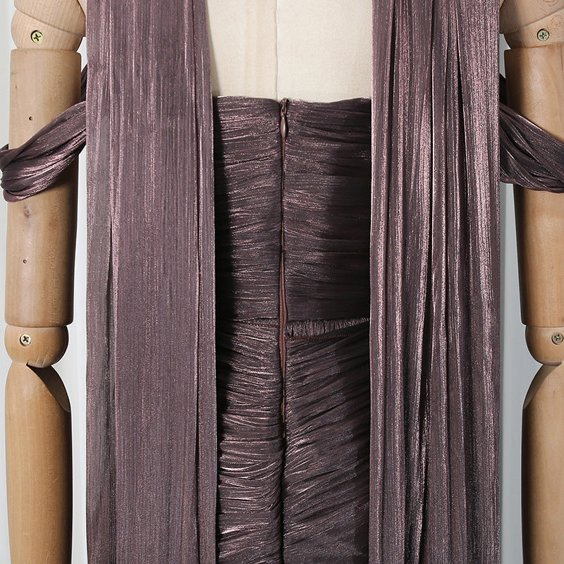 Bronze Metallic Draped A-Line Evening Gown with High Slit