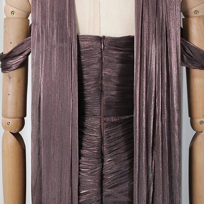 Bronze Metallic Draped A-Line Evening Gown with High Slit