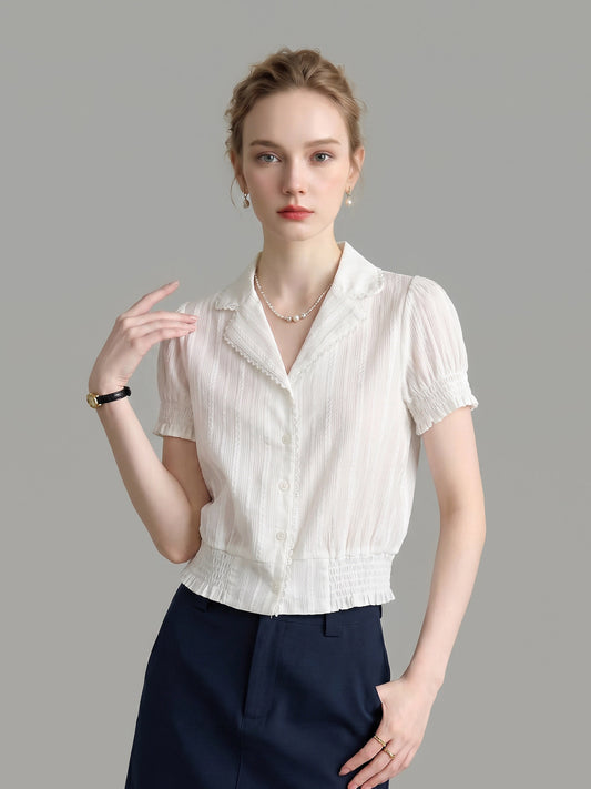 Lace Trim Notched Collar Ruched Crop Short Sleeve Blouse