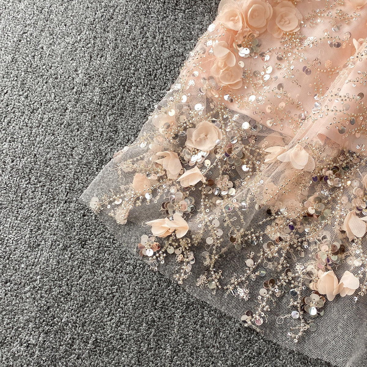 Blush Pink Tulle Mesh A-Line Shift Dress with Floral Embellishment