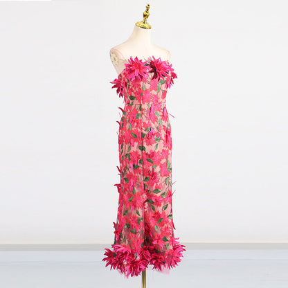 3D flower embroidery strapless midi dress in rose red
