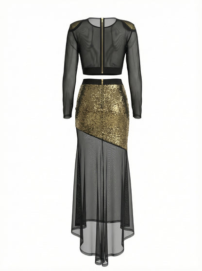 eudora Gold sequin mesh patchwork sheer two-piece set