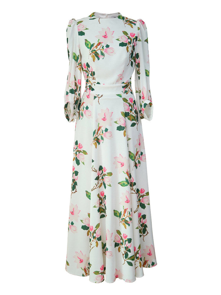 White Floral Print Satin Maxi Dress with Balloon Sleeves