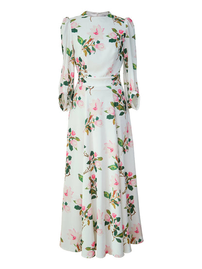 White Floral Print Satin Maxi Dress with Balloon Sleeves