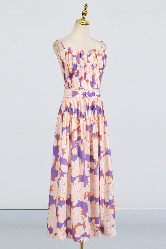 Pleated floral-print linen bustier top skirt set in blue