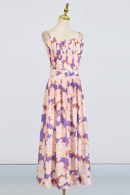Pleated floral-print linen bustier top skirt set in blue