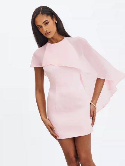 Cape Overlay Bodycon Mini Dress - pink