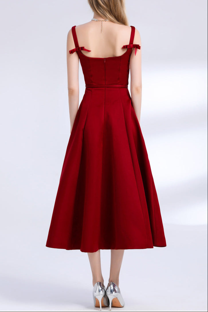 amelia square neck Satin Slip midi Dress - red