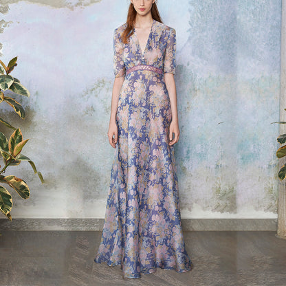 purple floral printed V-neck maxi dress