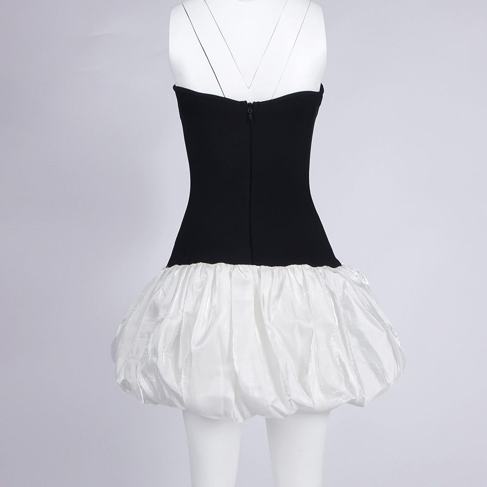 Butterfly Embroidered Bodice Puffball mini Dress in black
