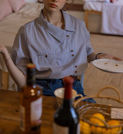 blend stripe placket collar short sleeve design shirt