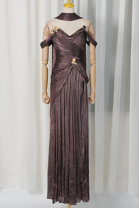 Bronze Metallic Draped A-Line Evening Gown with High Slit