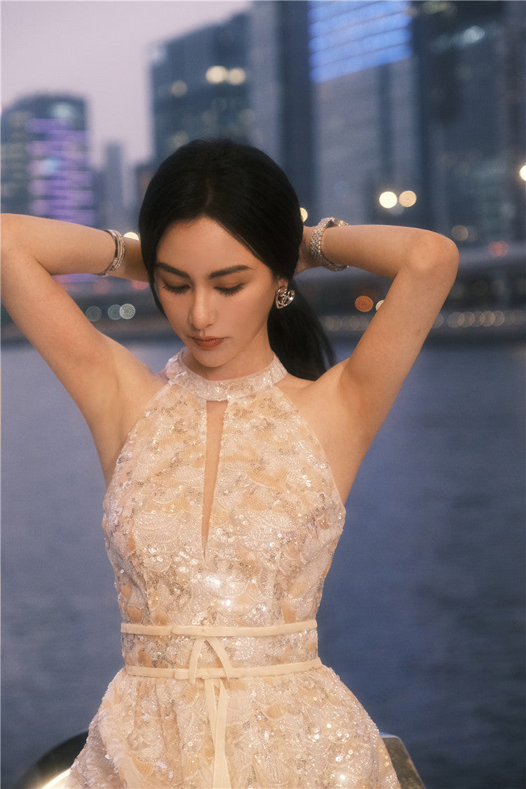 Gold Couture with Floral Embroidery Sequin Banquet Dress
