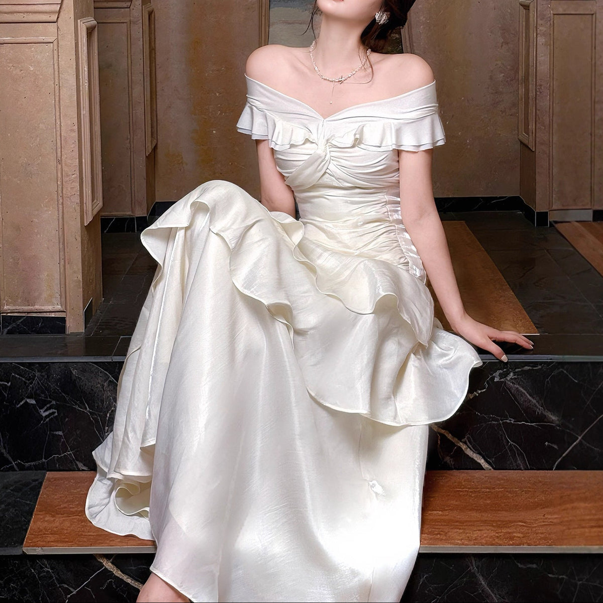 Off Shoulder Twist Ruched Tiered Ruffle Satin Maxi Dress