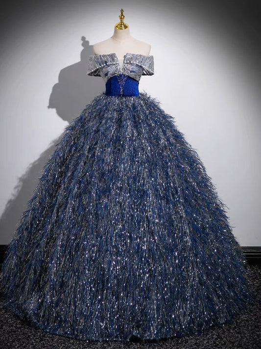 A-Line Shiny Sequin Blue Prom Gown
