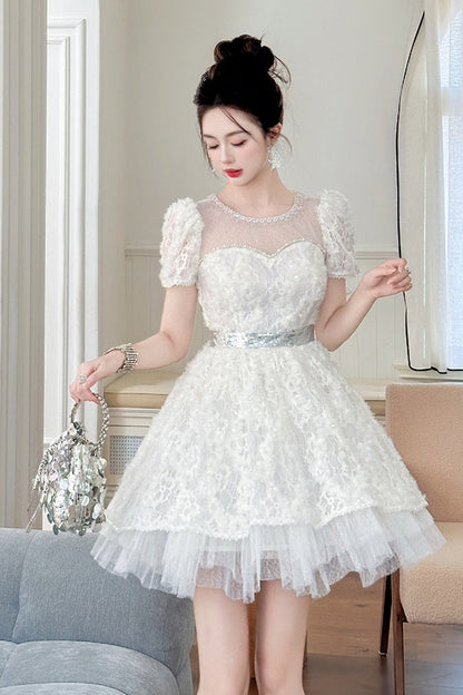 White Lace Sequin Puff Sleeve Mini Dress with Tulle Hem