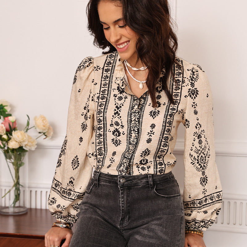 bohemian print shir stand-up collar fungus edge