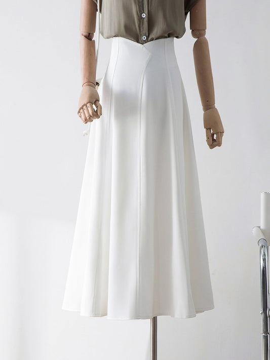 V Notch High Waist Paneled Flared Midi Skirt