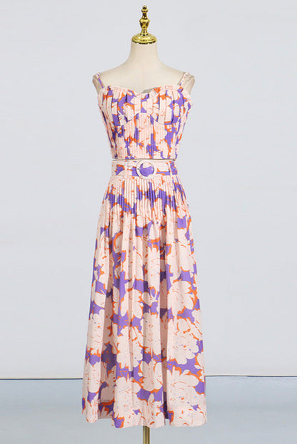 Pleated floral-print linen bustier top skirt set in blue
