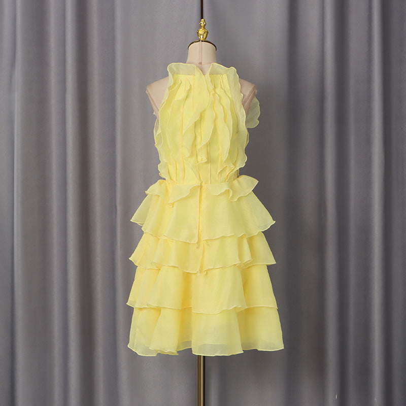 Pastel Yellow Chiffon Fit-and-Flare Mini Dress