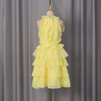 Pastel Yellow Chiffon Fit-and-Flare Mini Dress