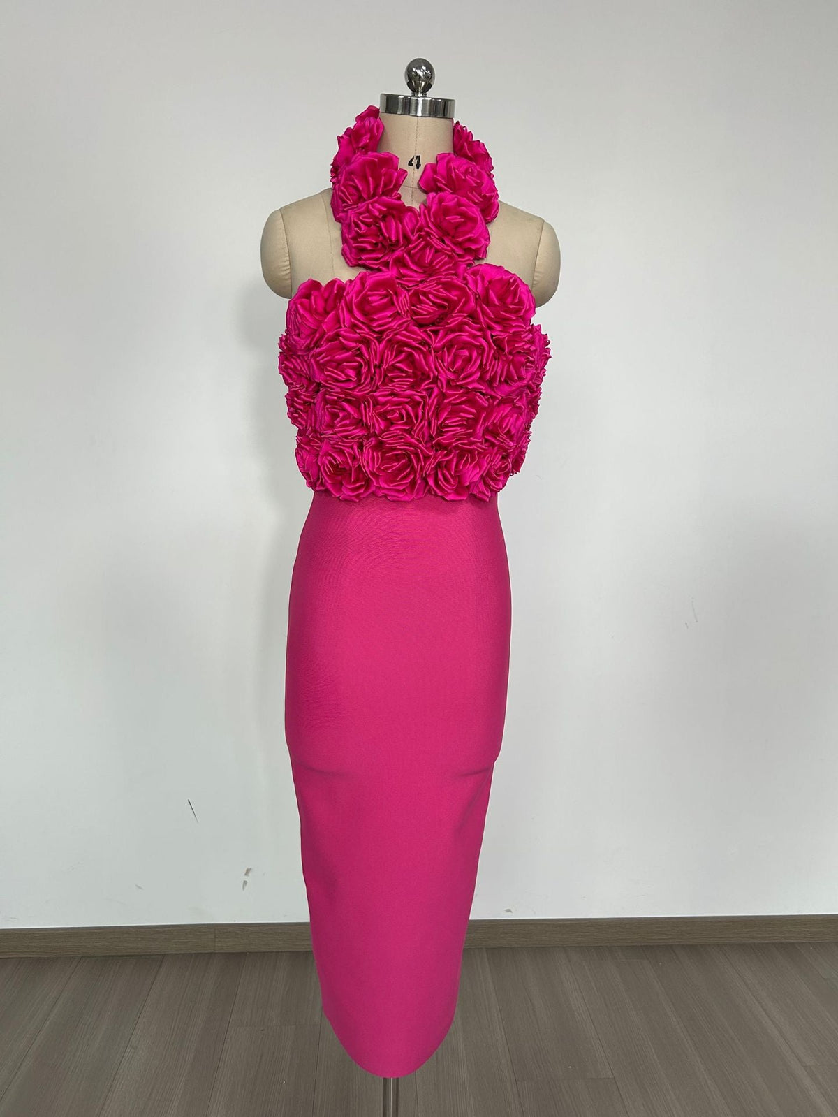 flower bandage midi dress in hot pink