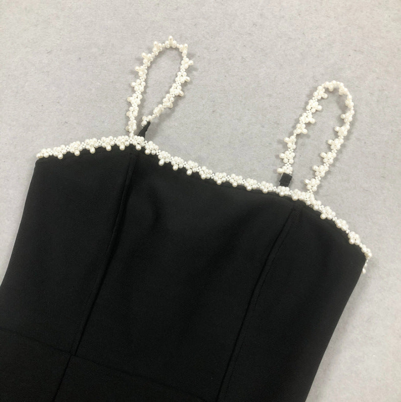 pearl embellished strap mini dress in black