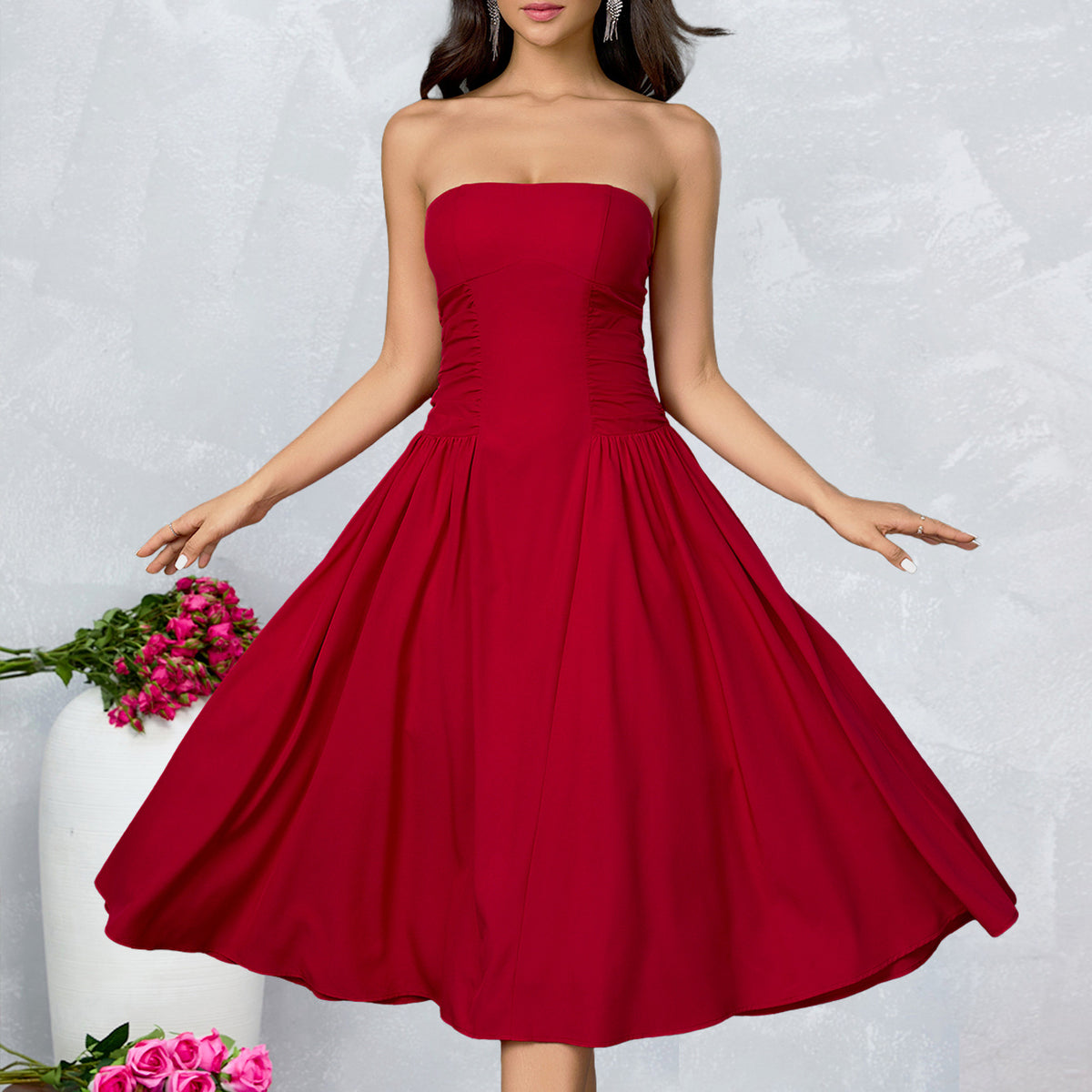 Strapless Side Ruched Flared Midi Dress