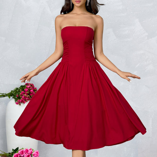 Strapless Side Ruched Flared Midi Dress