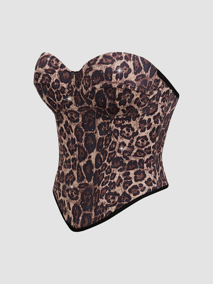 Calista Brown European and American style leopard print velvet strapless camisole