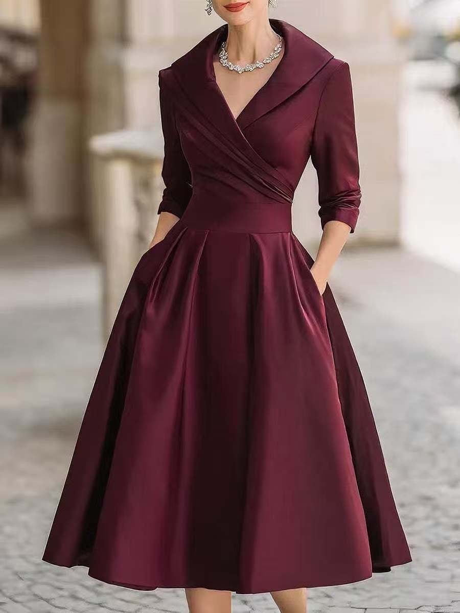 Lapel Collar Wrap V Neck Satin Midi Swing Dress