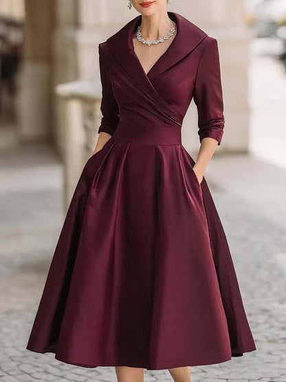 Lapel Collar Wrap V Neck Satin Midi Swing Dress