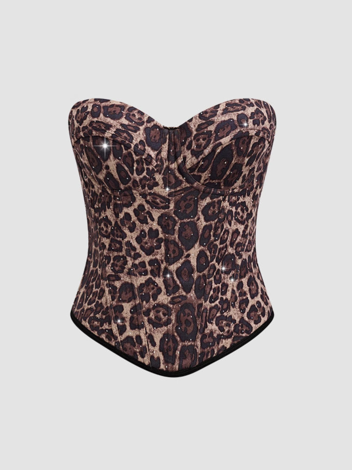 Calista Brown European and American style leopard print velvet strapless camisole
