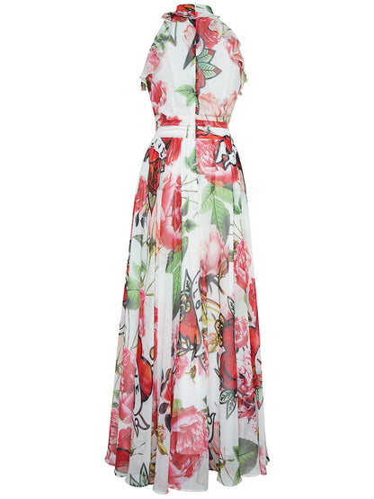 floral printed sleeveless flowing large swing dress