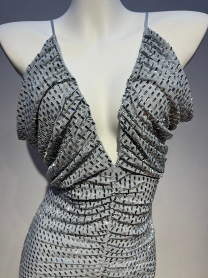 silver metallic knit column evening gown