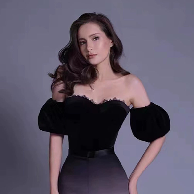 velvet tube top high waist trousers suit