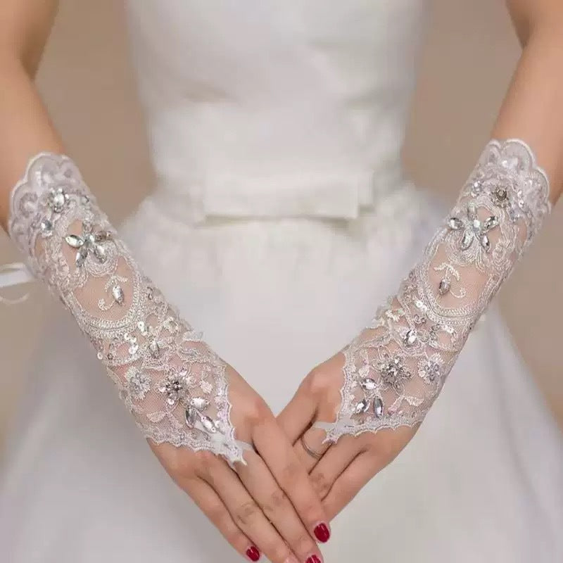 3D Floral Pearl Leaf Lace Fingerless Long Bridal Gloves