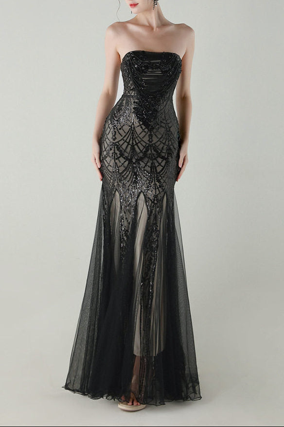 sequin strapless tulle maxi dress