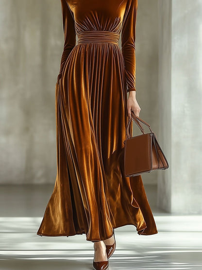 Gold velvet long-sleeved dress