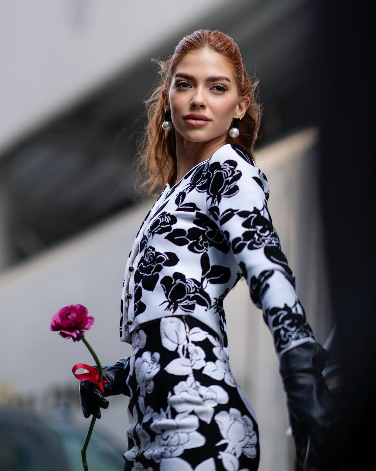 knit floral jacquard midi pencil cardigan skirt set