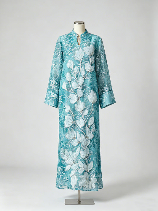 vivien Beaded floral embroidery maxi dress - blue