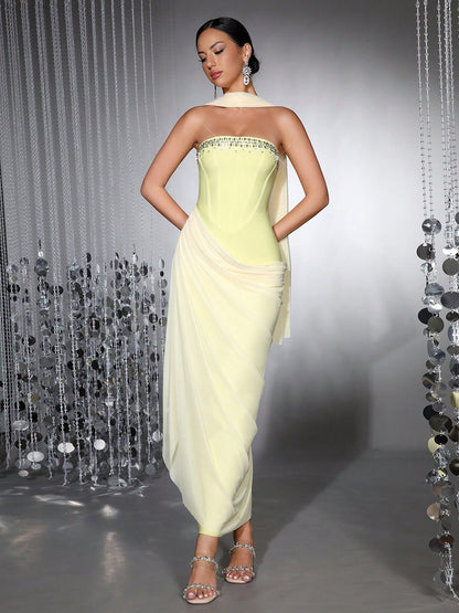 Rhinestone Patchwork Strapless Herringbone maxi Dress - yellow