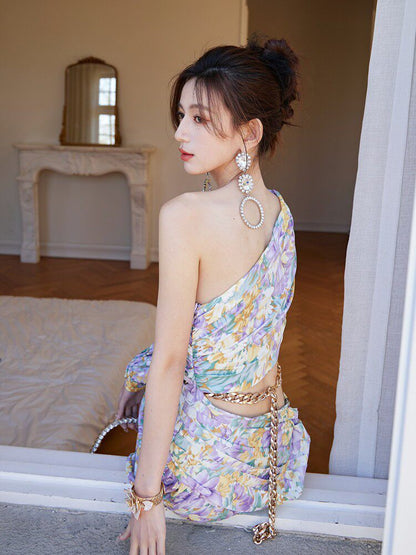 dolores French-style printed off-shoulder single-sleeve slit mini dress