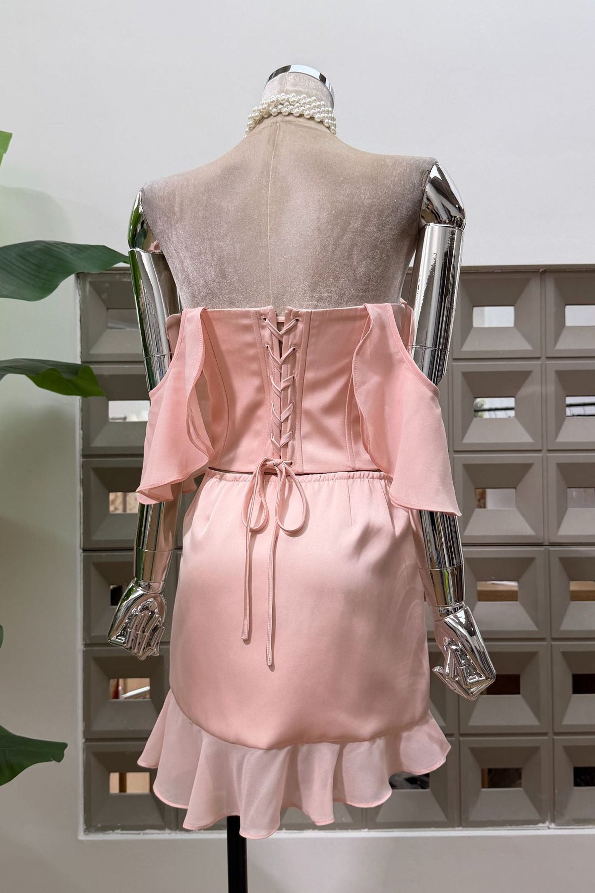 Pale Pink Satin Off‑Shoulder Two Piece Corset Mini Skirt Set