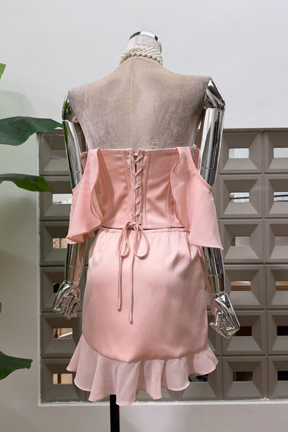 Pale Pink Satin Off‑Shoulder Two Piece Corset Mini Skirt Set