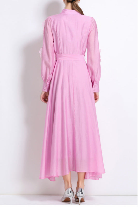 sally Lapel embroidered appliqué midi dress in pink