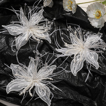 Picture-perfect pure white lace feathers, pearls, crystal flowers, DIY twisted silk flower headwear, claw clip clothing accessories