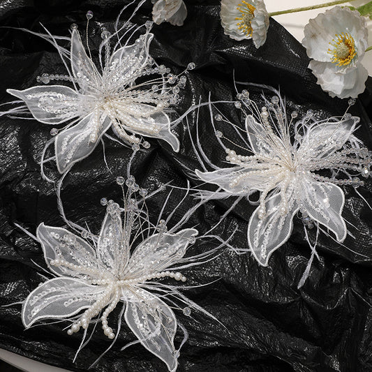 Picture-perfect pure white lace feathers, pearls, crystal flowers, DIY twisted silk flower headwear, claw clip clothing accessories