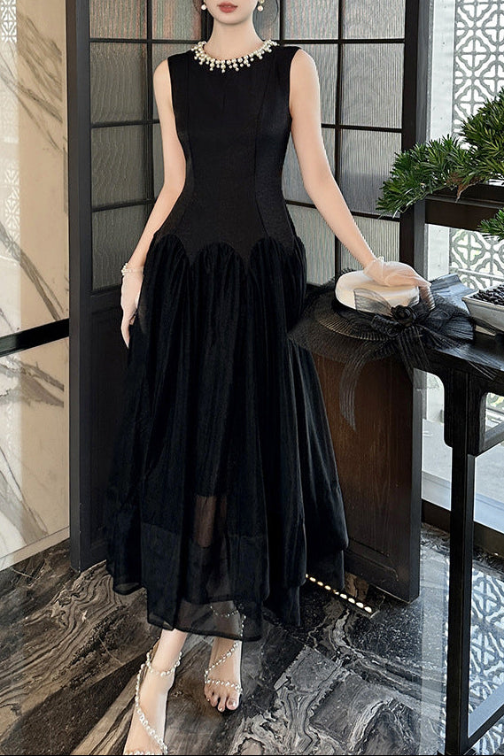 mandy black pearl neck sleeveless puffy maxi Dress